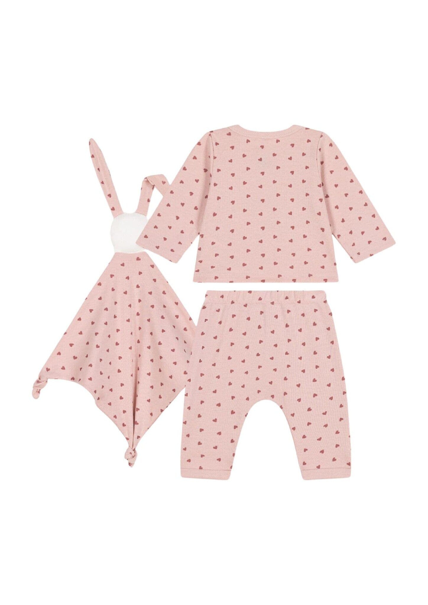 Petit Bateau Kombination 3 Teile rosa mit kleinen Herzen Cardigan, Hose und Kuscheltier aus Rippstrick Baby Kombination Petit Bateau