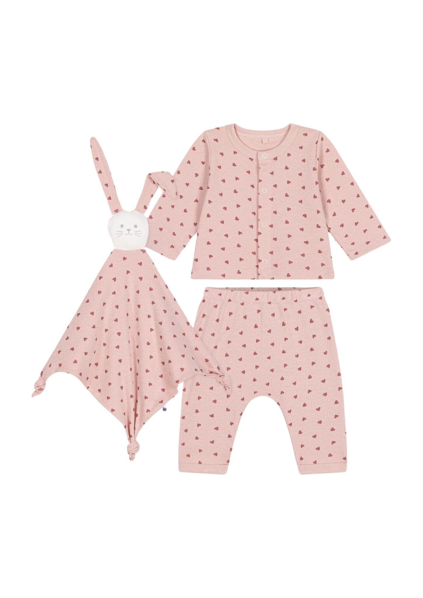 Petit Bateau Kombination 3 Teile rosa mit kleinen Herzen Cardigan, Hose und Kuscheltier aus Rippstrick Baby Kombination Petit Bateau