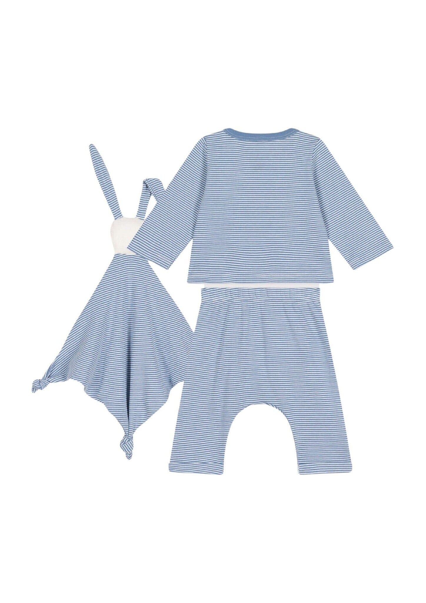 Petit Bateau Kombination 3 Teile blau-weiß gestreift Cardigan, Hose und Kuscheltier aus Rippstrick Baby Kombination Petit Bateau