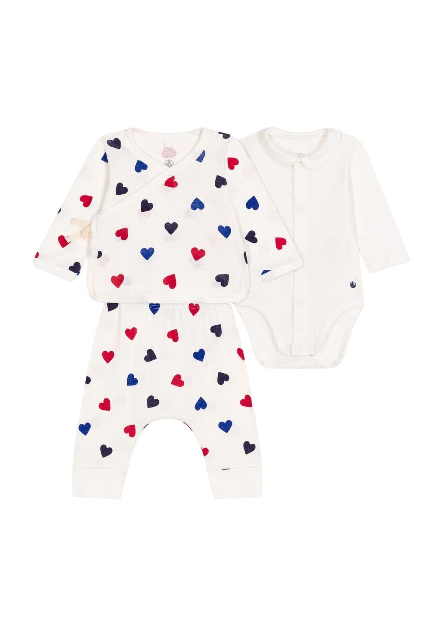 Petit Bateau Kombination 3 Teile mit roten, blauen und schwarzen Herzen Cardigan, Hose und Body Baby Kombination Petit Bateau