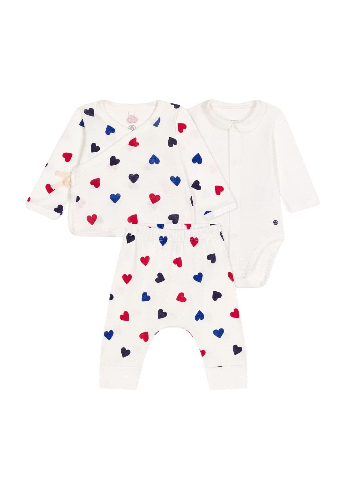 Petit Bateau Kombination 3 Teile mit roten, blauen und schwarzen Herzen Cardigan, Hose und Body Baby Kombination Petit Bateau