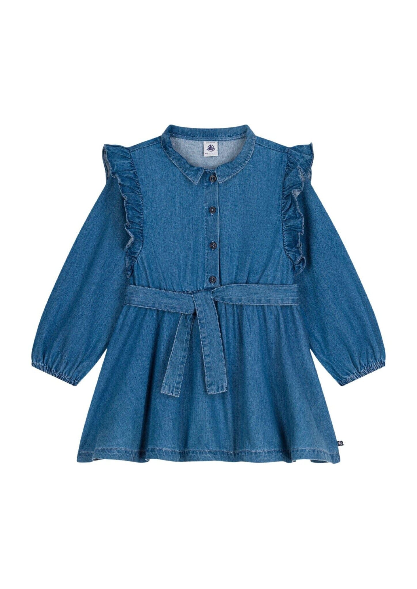 Petit Bateau langärmeliges Denim Kleid für Kinder mit Kragen, Rüschen und einem Gürtel Kleid Petit Bateau