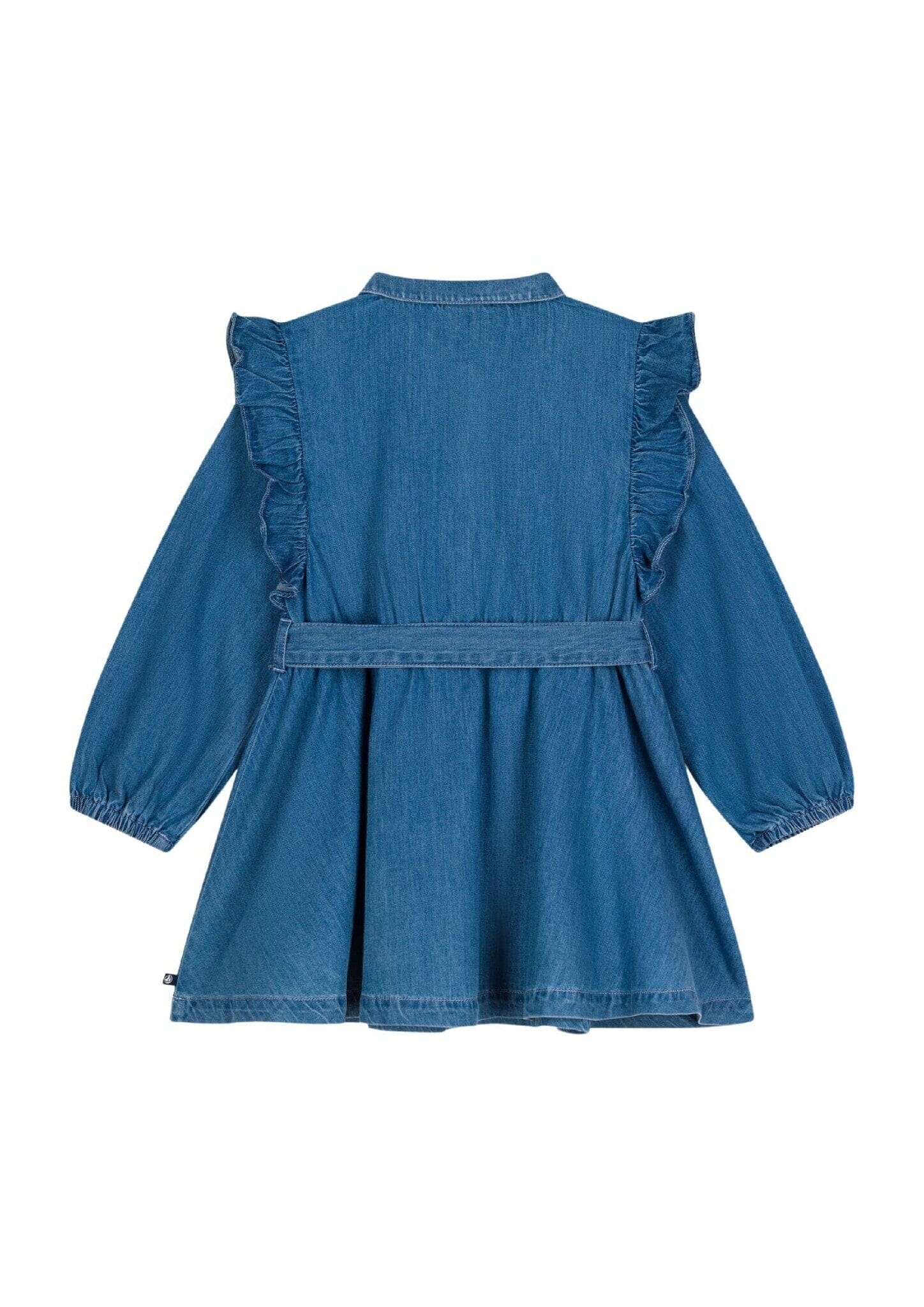 Petit Bateau langärmeliges Denim Kleid für Kinder mit Kragen, Rüschen und einem Gürtel Kleid Petit Bateau