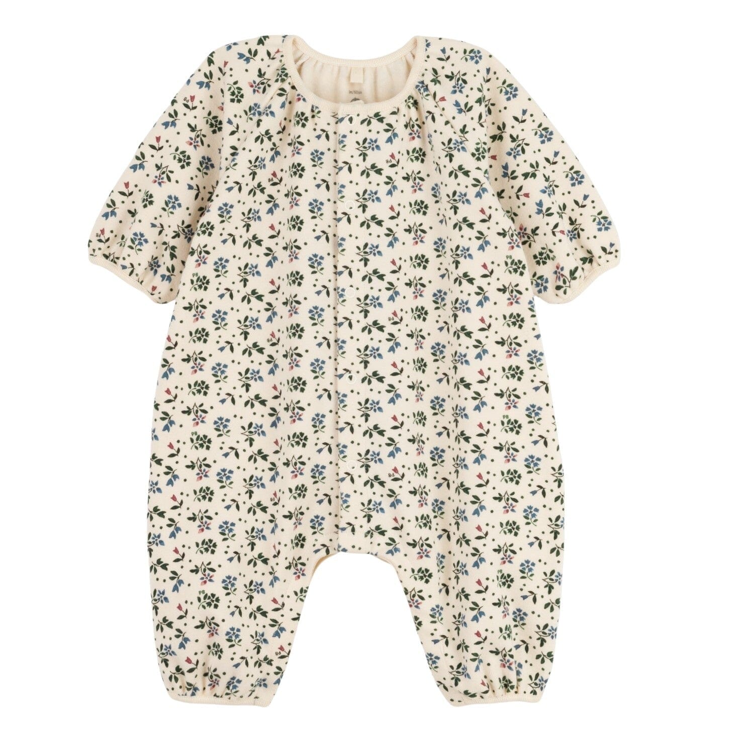 Petit Bateau Langarm Overall beige mit grün/blau/roten Blumen Bodysuit Petit Bateau