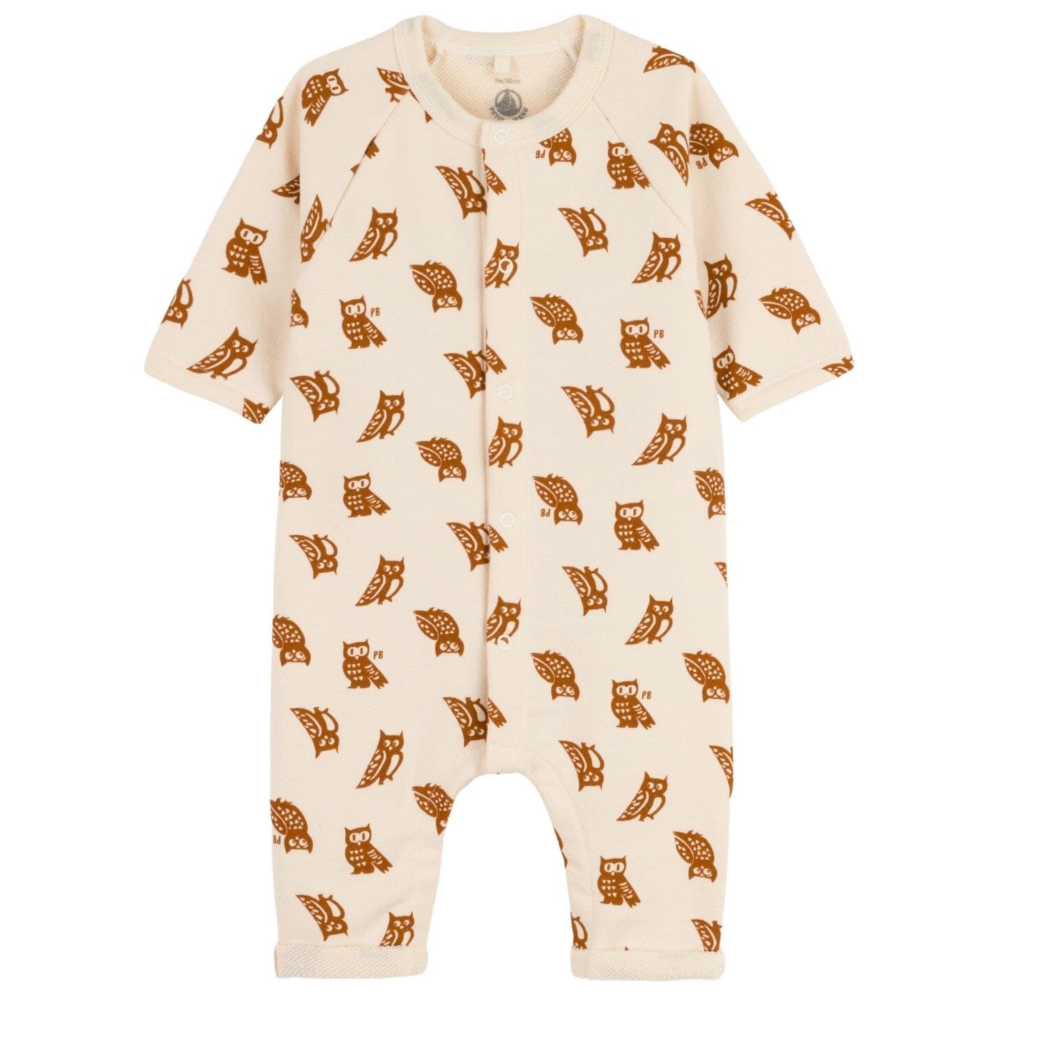 Petit Bateau Langarm Overall beige mit braunen Eulen Einteiler / Bodysuits Petit Bateau