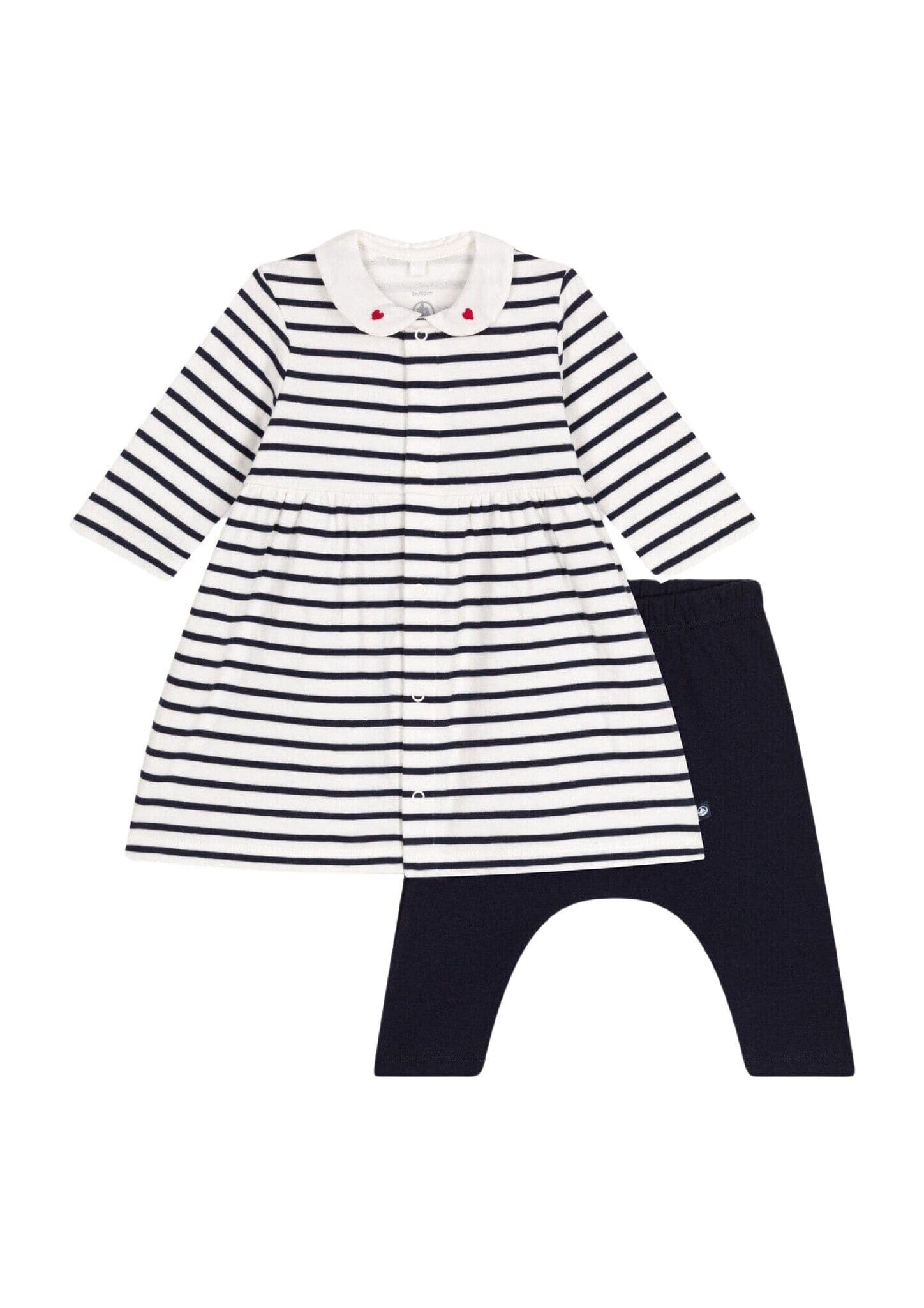 Petit Bateau langärmeliges Baby Kleid in weiß mit dunkelblauen Streifen und süßem Herzkragen mit Leggings Baby Kombination Petit Bateau