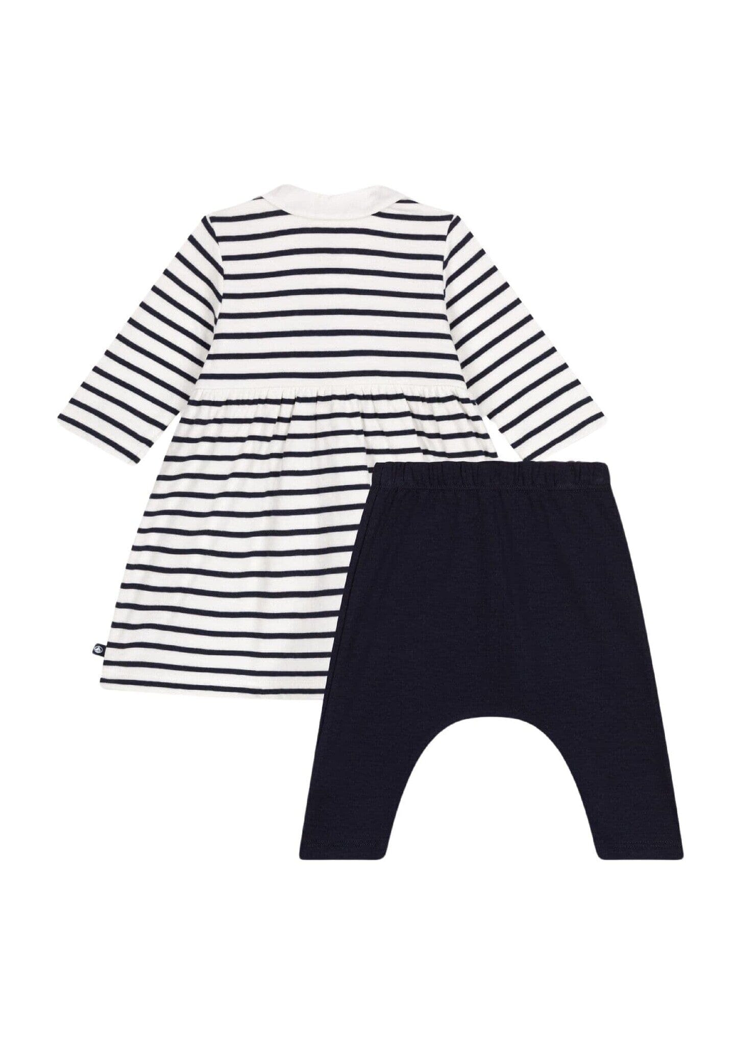 Petit Bateau langärmeliges Baby Kleid in weiß mit dunkelblauen Streifen und süßem Herzkragen mit Leggings Baby Kombination Petit Bateau