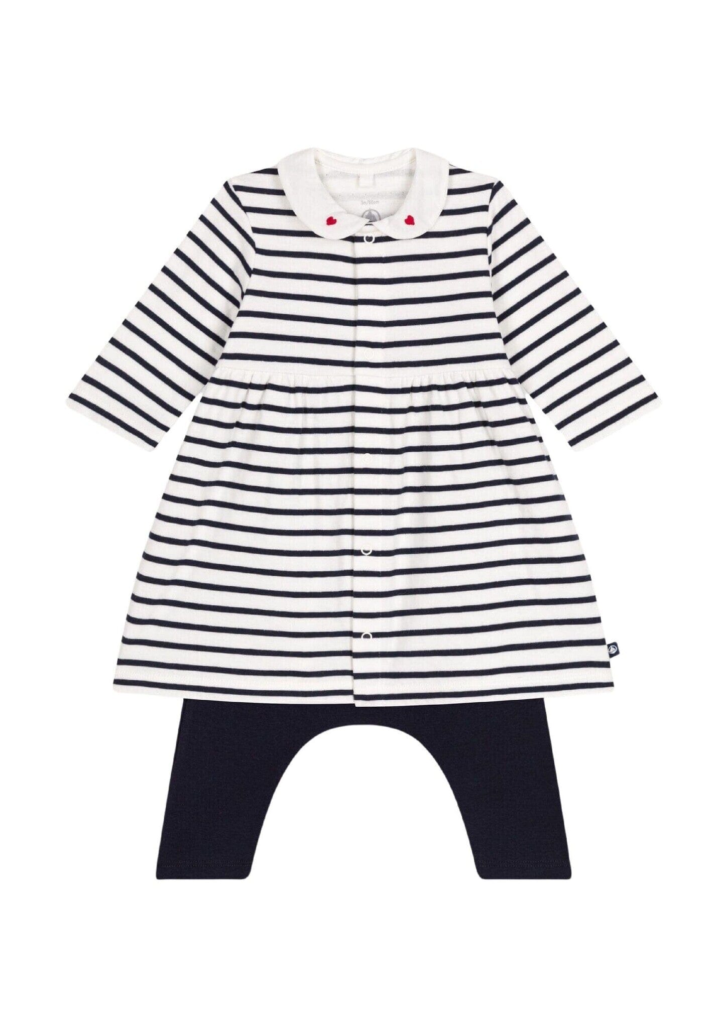 Petit Bateau langärmeliges Baby Kleid in weiß mit dunkelblauen Streifen und süßem Herzkragen mit Leggings Baby Kombination Petit Bateau