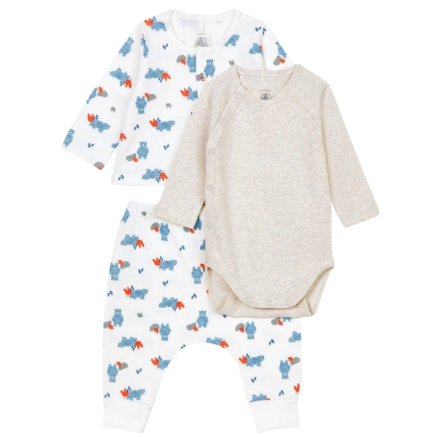 Petit Bateau Kombination 3 Teile Bärenprint Cardigan und Hose, brauner Body Baby Kombination Petit Bateau