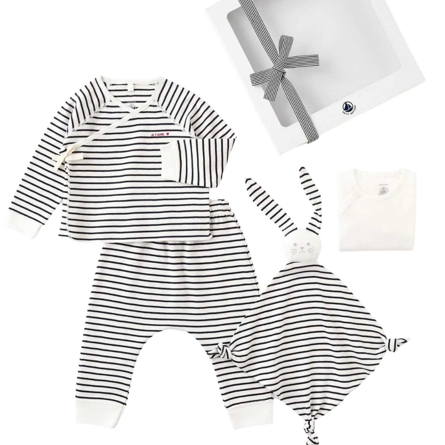 Petit Bateau Kombination 4 Teile Hose , Wickeljacke, Body und Hasen-Schmusetuch Baby Kombination Petit Bateau