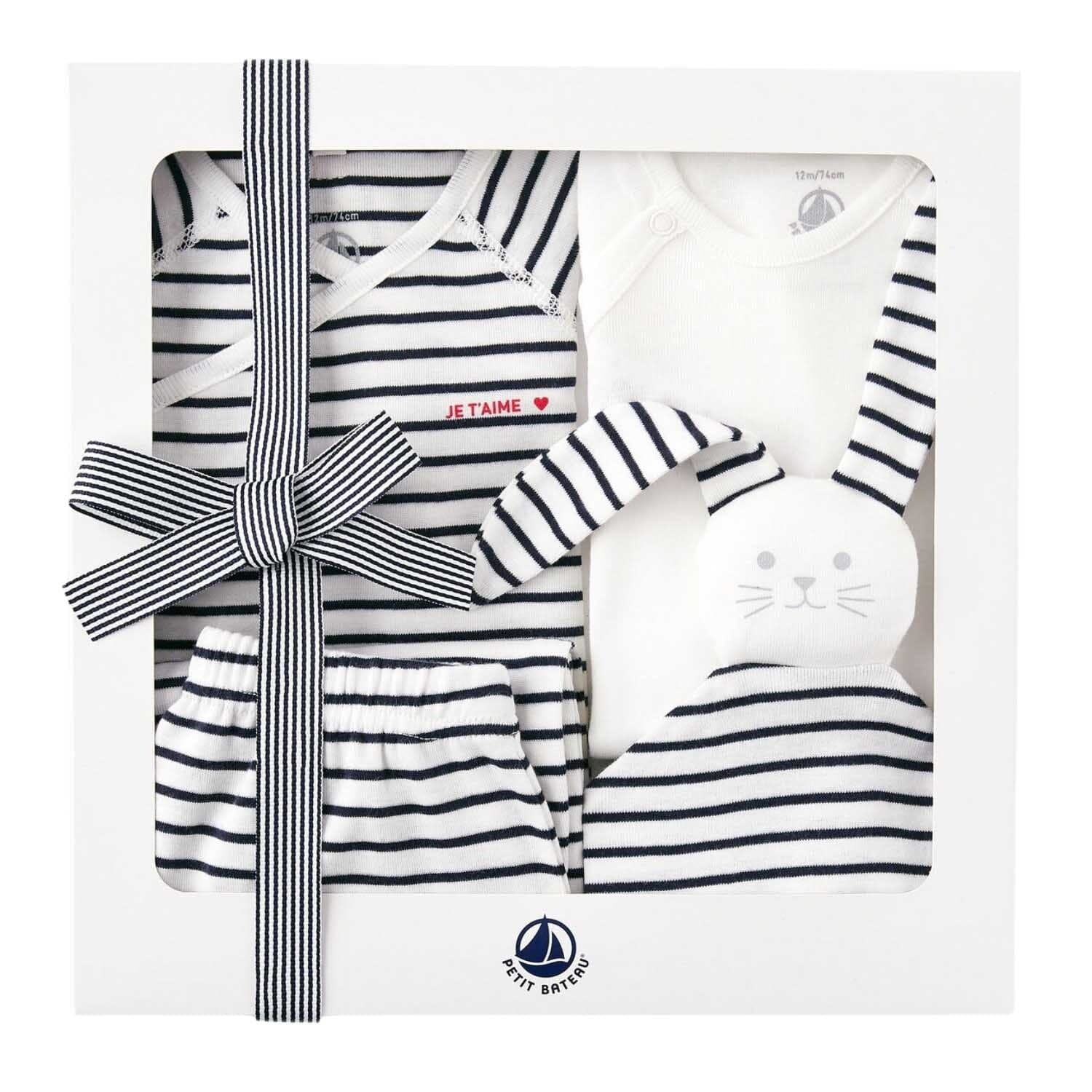 Petit Bateau Kombination 4 Teile Hose , Wickeljacke, Body und Hasen-Schmusetuch Baby Kombination Petit Bateau