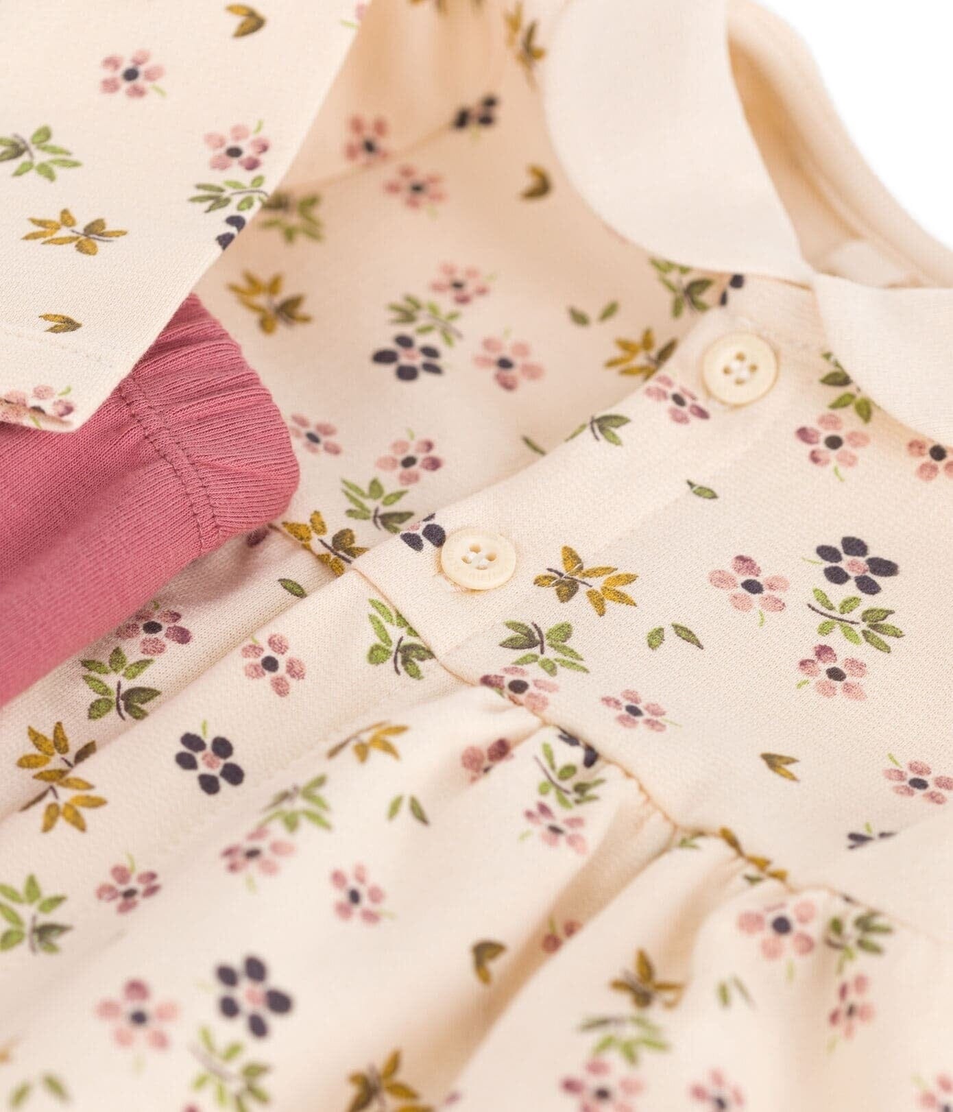 Petit Bateau langärmeliges Baby Kleid in sanftem grün mit Blumenprint und Leggings in rosa/creme mit Kragen Baby Kombination Petit Bateau