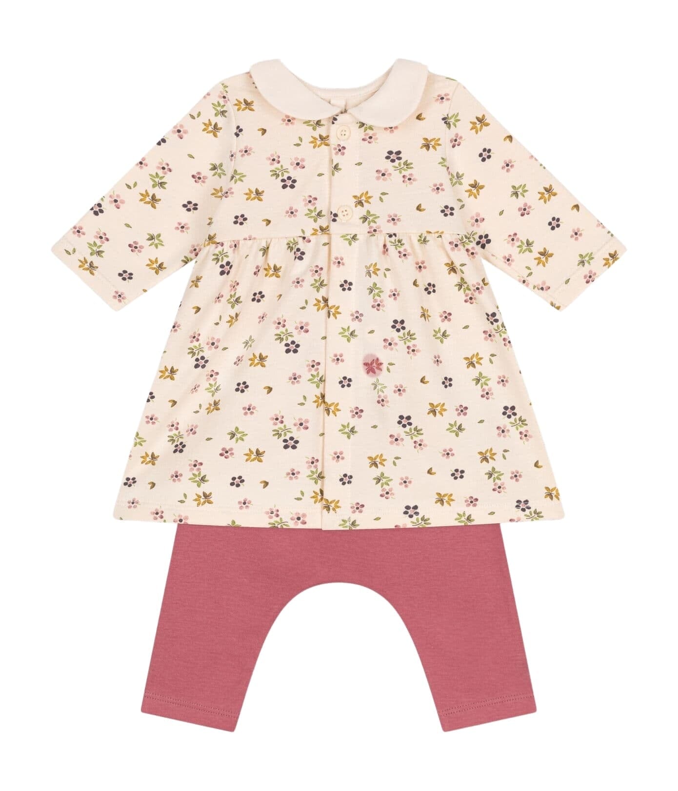 Petit Bateau langärmeliges Baby Kleid in sanftem grün mit Blumenprint und Leggings in rosa/creme mit Kragen Baby Kombination Petit Bateau