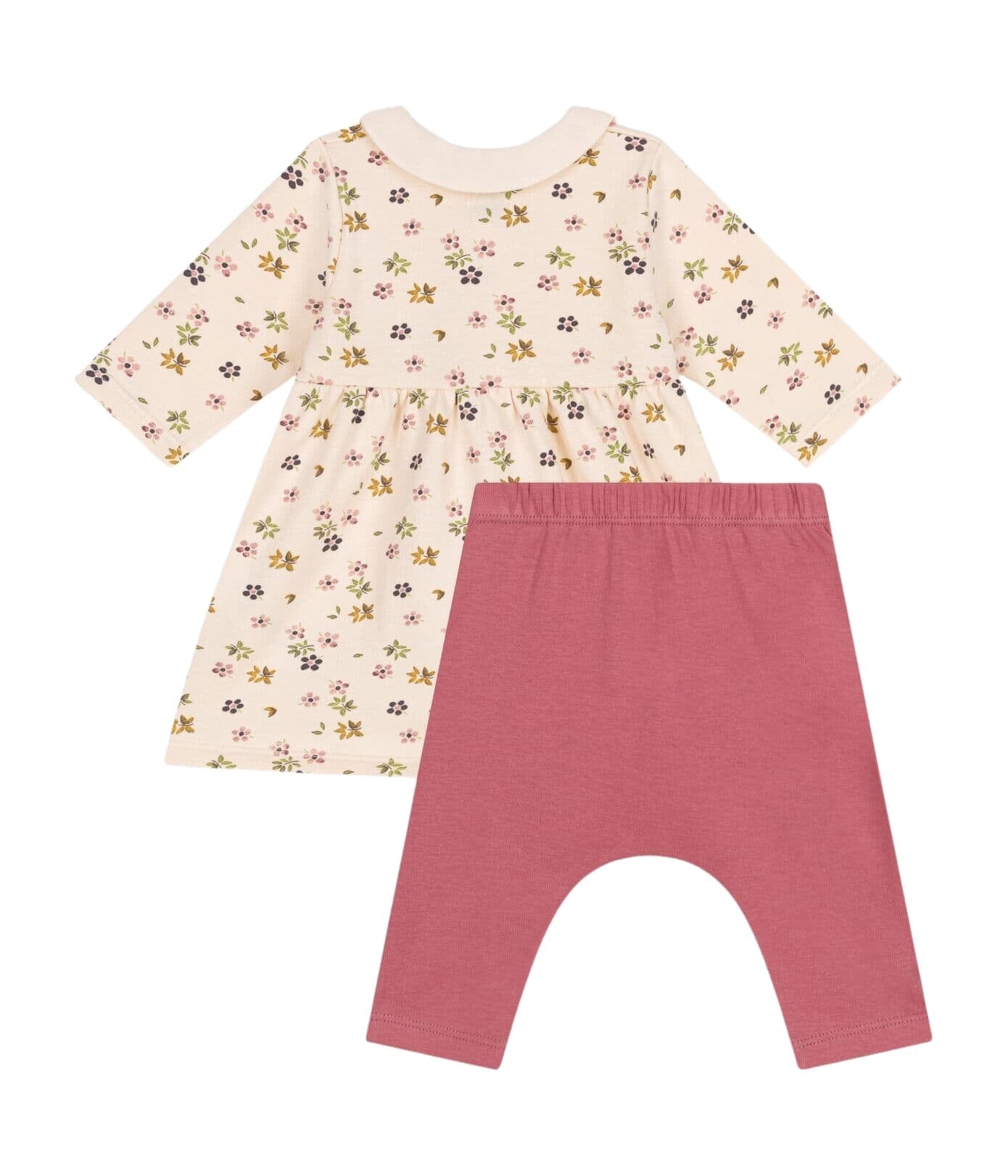 Petit Bateau langärmeliges Baby Kleid in sanftem grün mit Blumenprint und Leggings in rosa/creme mit Kragen Baby Kombination Petit Bateau