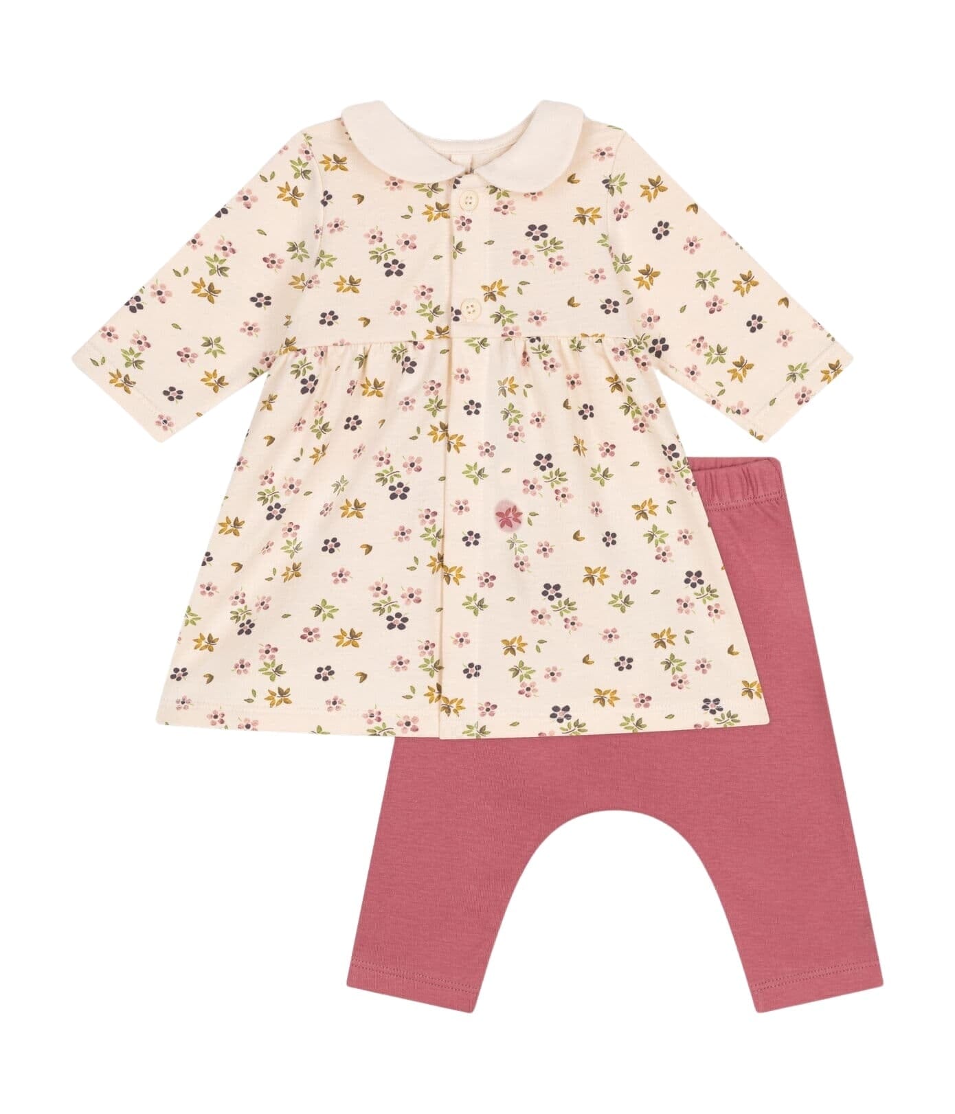Petit Bateau langärmeliges Baby Kleid in sanftem grün mit Blumenprint und Leggings in rosa/creme mit Kragen Baby Kombination Petit Bateau