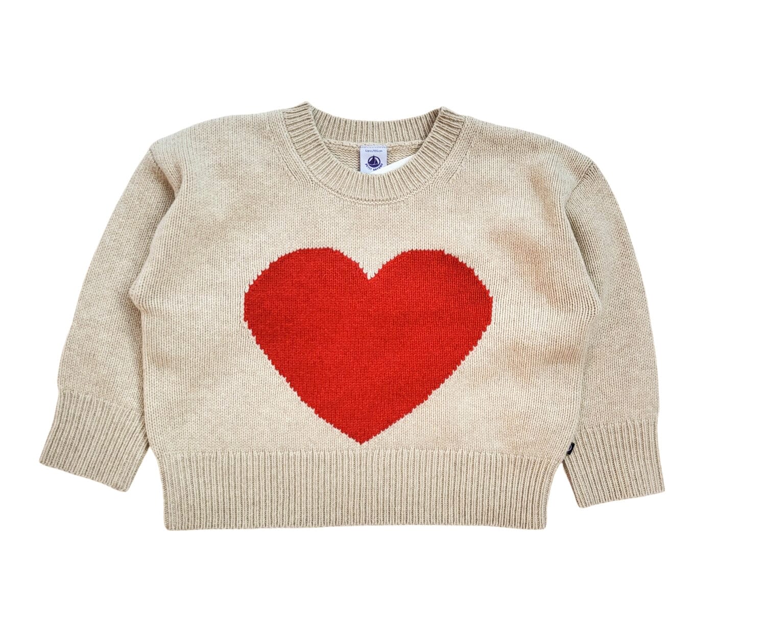 Petit Bateau Strickpullover beige mit rotem großem Herz vorne Wolle Rippstrick kuschelig warm Pullover Petit Bateau