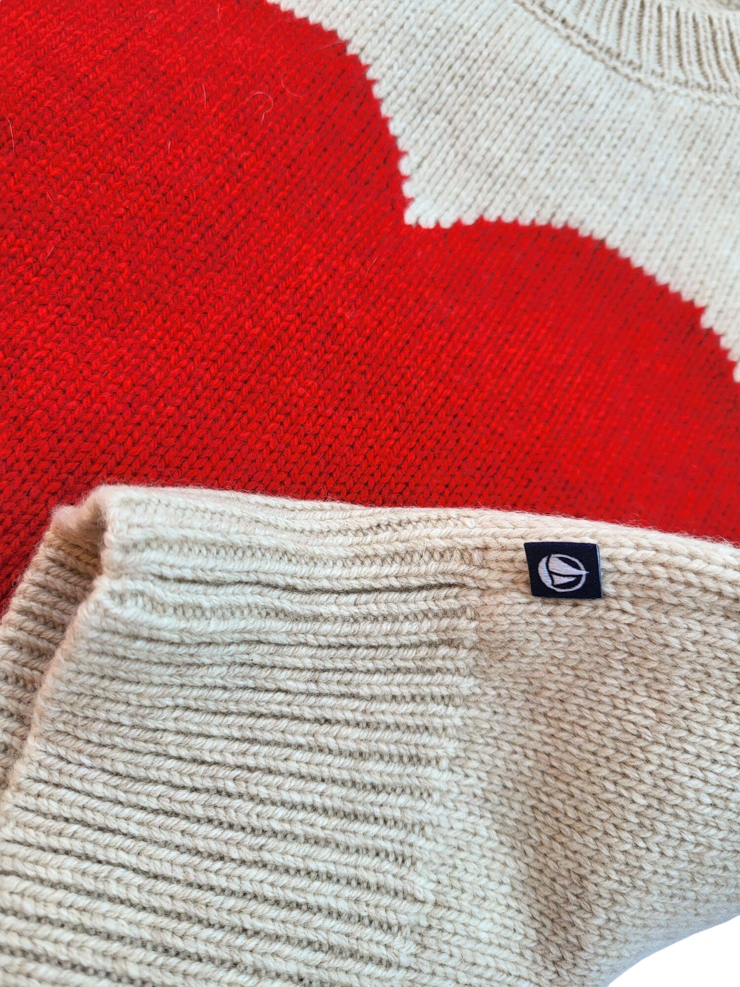 Petit Bateau Strickpullover beige mit rotem großem Herz vorne Wolle Rippstrick kuschelig warm Pullover Petit Bateau