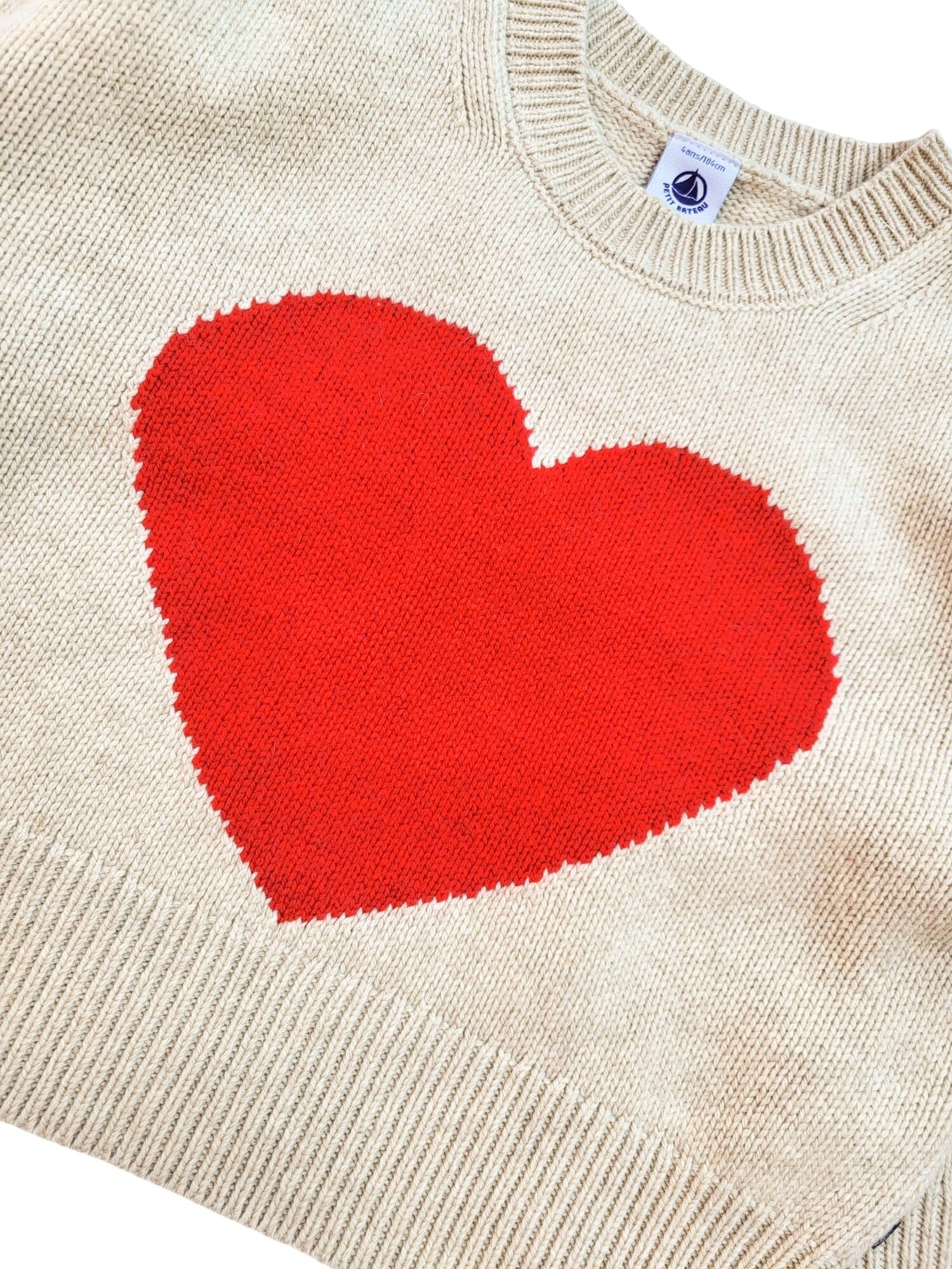 Petit Bateau Strickpullover beige mit rotem großem Herz vorne Wolle Rippstrick kuschelig warm Pullover Petit Bateau