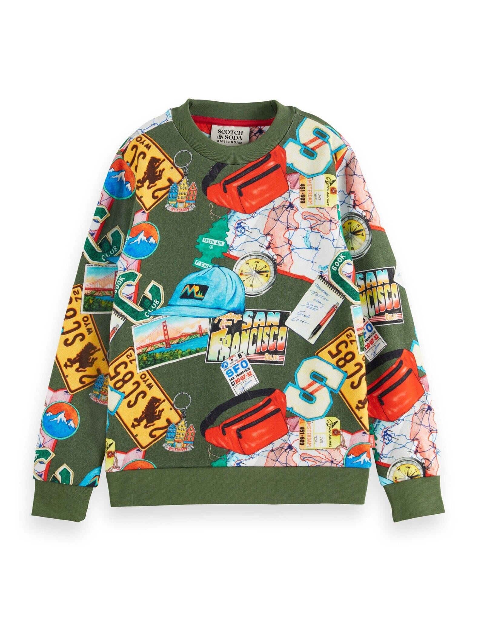 SCOTCH & SODA Sweater Roadtrip olivgrün bunt Print allover Sweatshirt Scotch & Soda