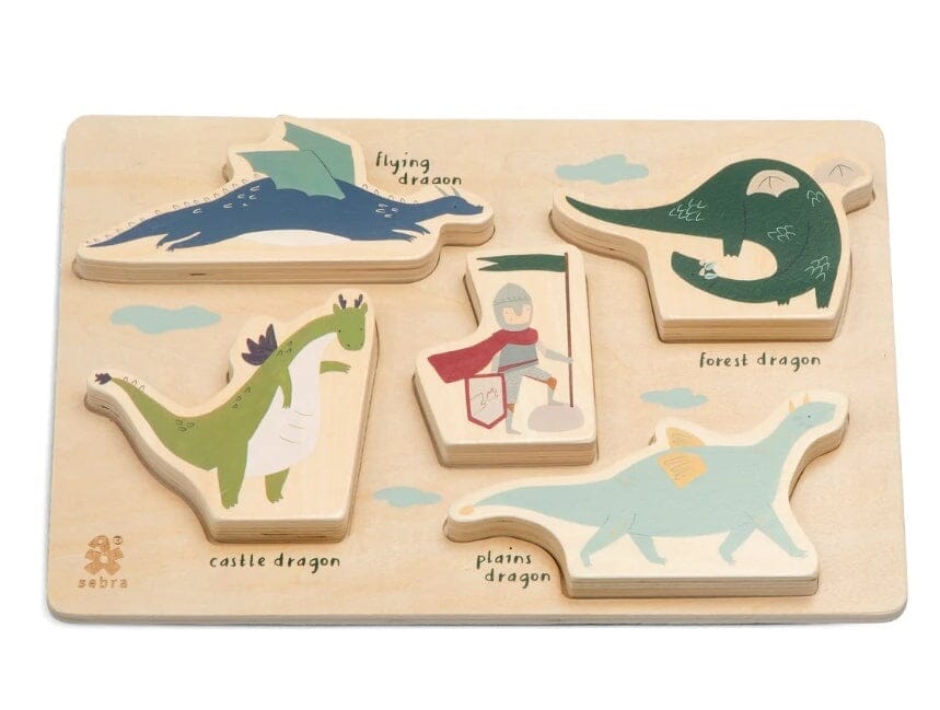 SEBRA Dragon Tales Puzzle aus Holz Drachen Ritter 5teilig Dänemark Puzzles SEBRA