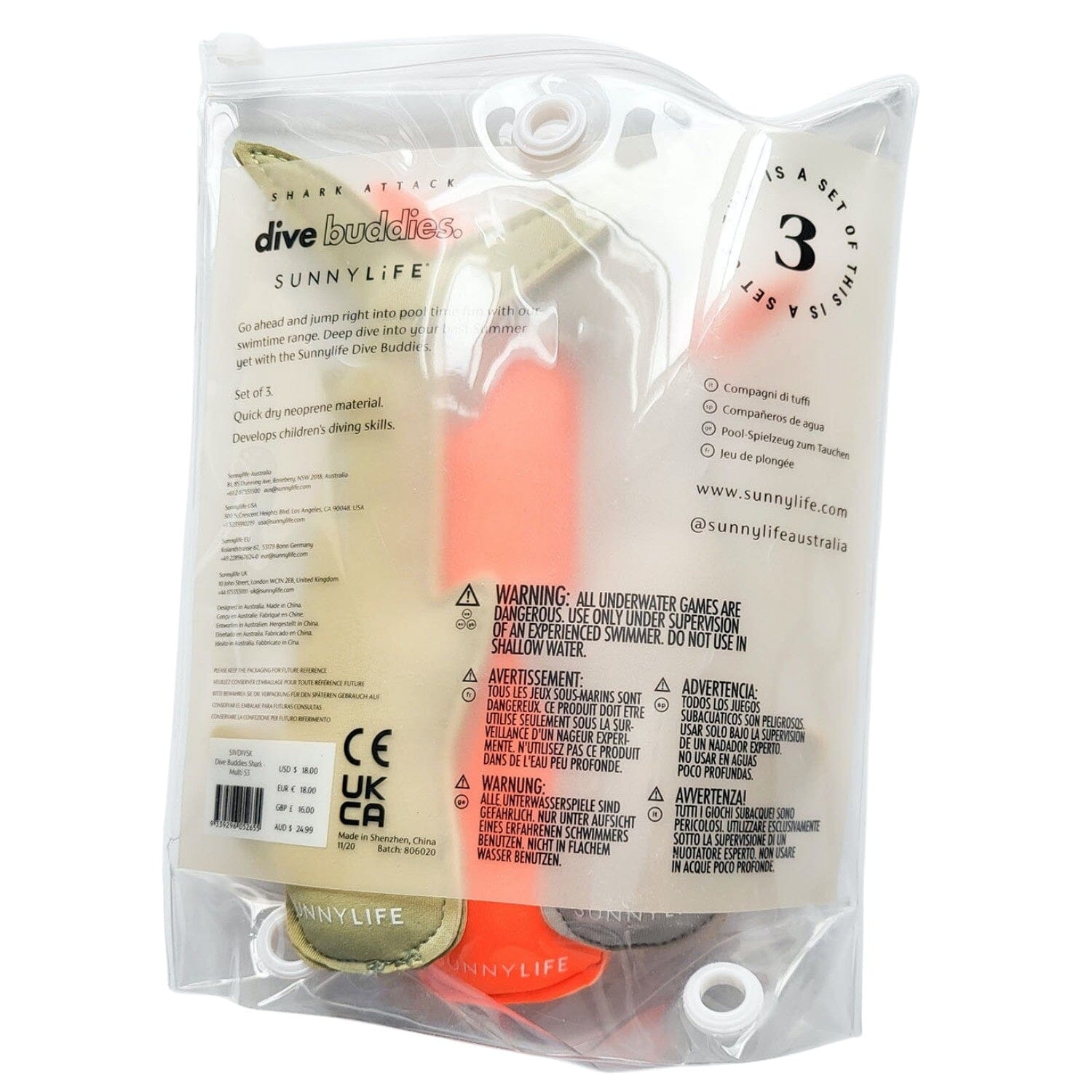 SUNNYLIFE Tauchspielzeug Haie 3 teilig im Shark Attack-Design Tauchspielzeug SUNNYLIFE