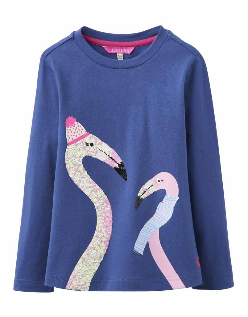 Tom Joule Langarmshirt blau mit Flamingos und Pailletten – Blau Langarmshirt TOM JOULE