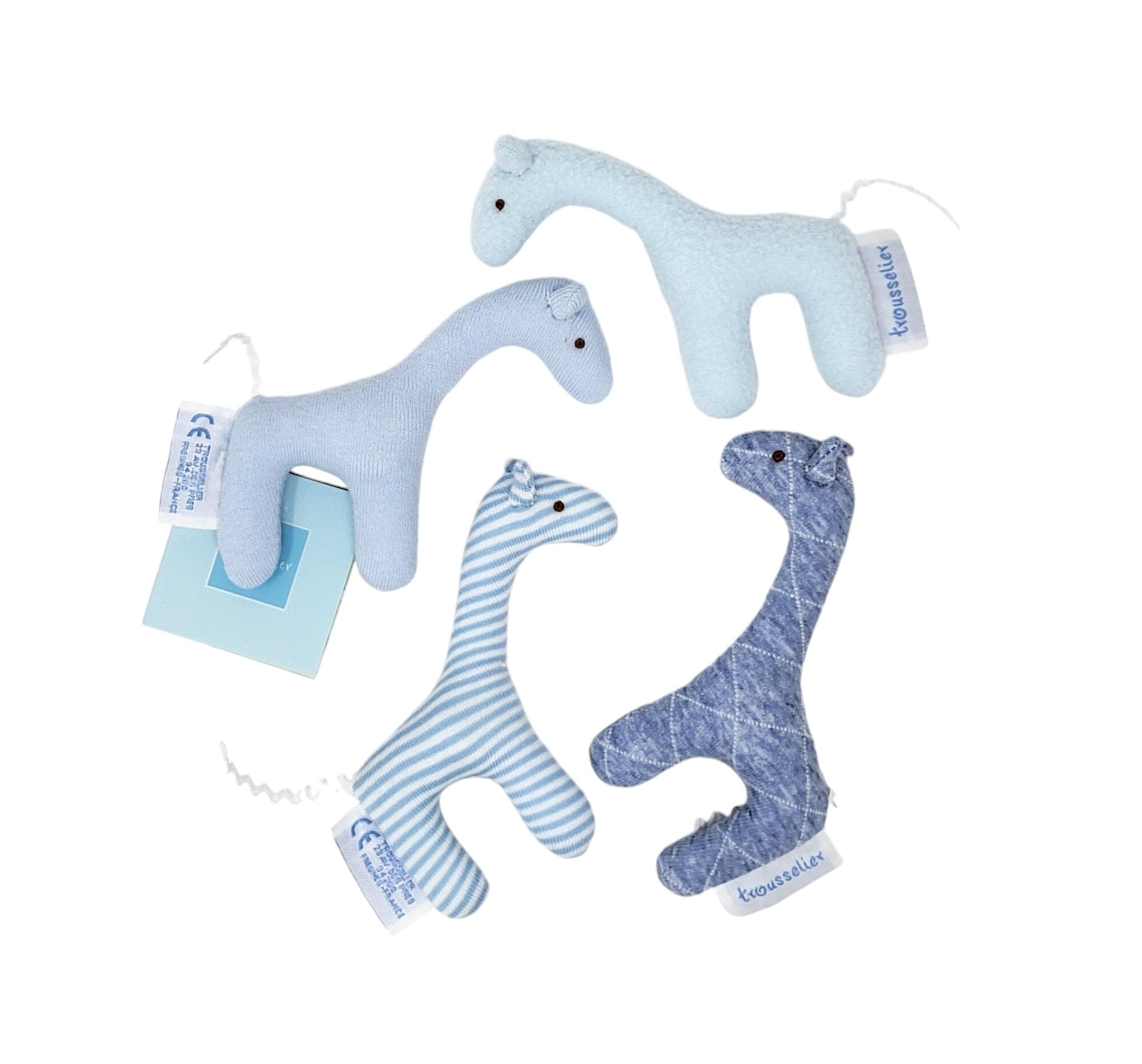 Trousselier Set 4 Giraffen himmelblau hellblau Baumwolle 10cm Babyrasseln Trousselier