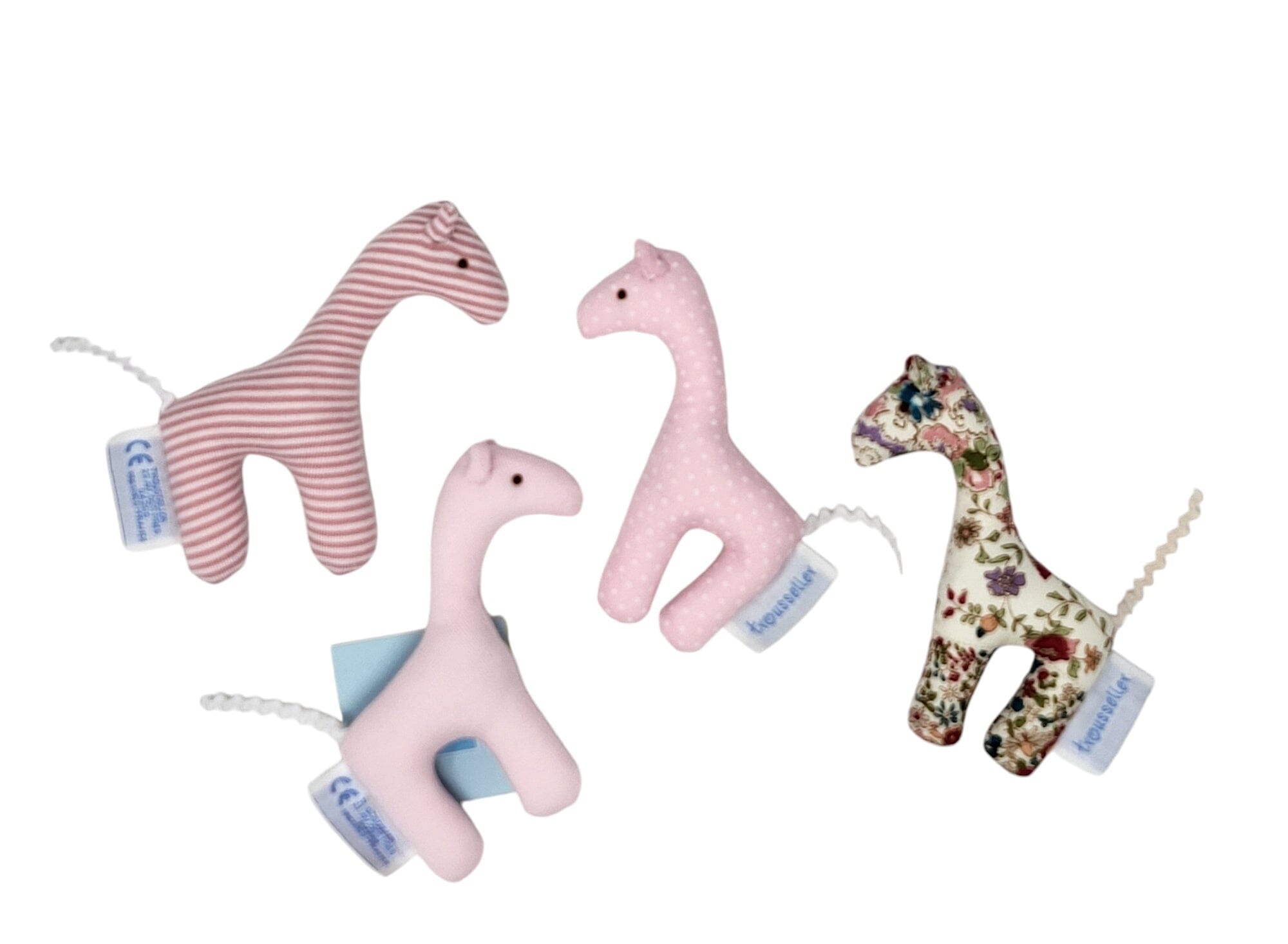 Trousselier Set 4 Giraffen rosa puderrosa rosa Baumwolle 10cm Babyrasseln Trousselier