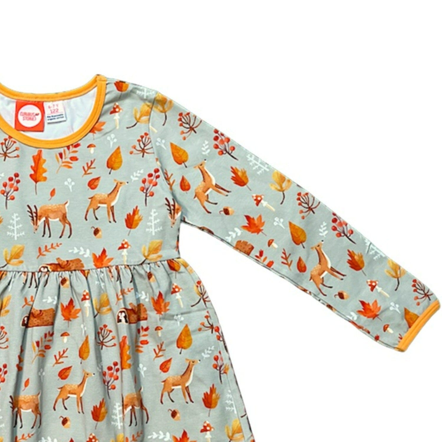 CURIOUS STORIES Kleid khaki mit Waldtieren allover Print aus Biobaumwolle Kleid Curious Stories