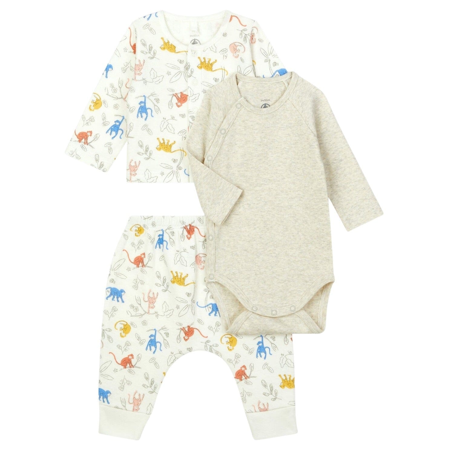 Petit Bateau Kombination 3 Teile buntem Affenprint Cardigan und Hose, brauner Body Baby Kombination Petit Bateau