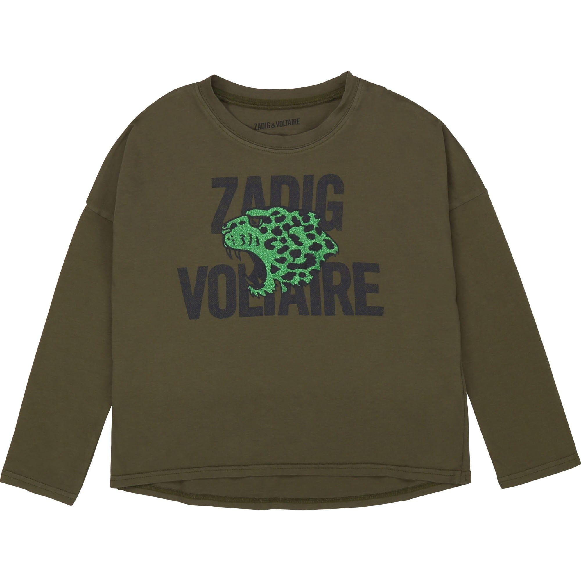 Zadig & Voltaire Longsleeve schwarz mit Glitzer Leopard khaki Langarmshirt Zadig & Voltaire