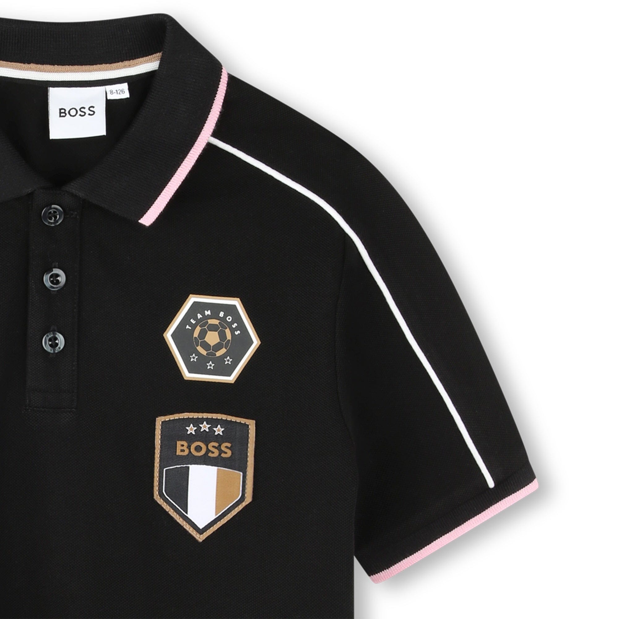 BOSS Poloshirt für Jungen – Schwarz mit Fußball-Badges & Kontrastdetails Poloshirt Boss 
