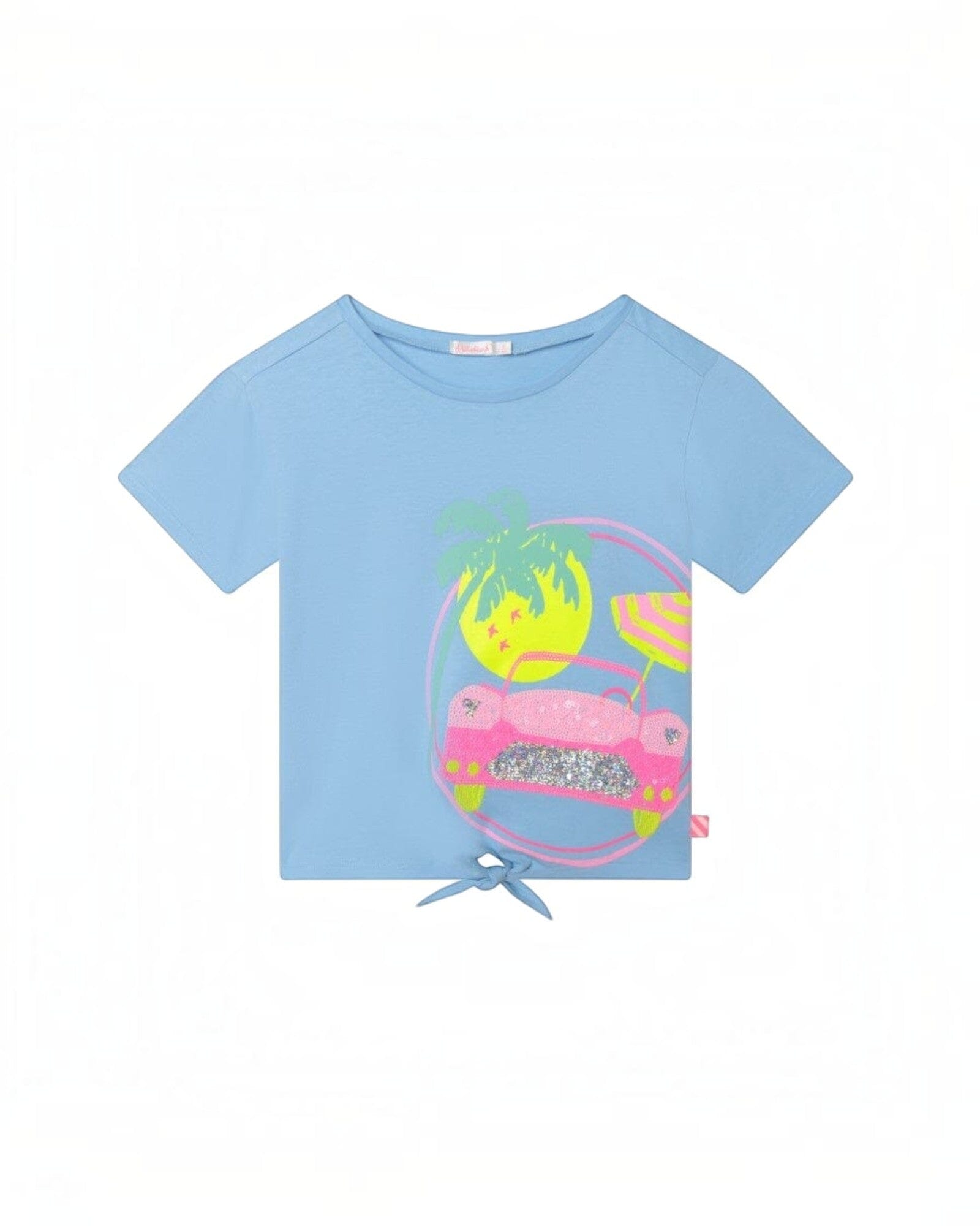 Billieblush Shirt hellblau Strandmotiv Palme Auto Sonnenschirm Pailletten Schleife bunt T-Shirt Billieblush 