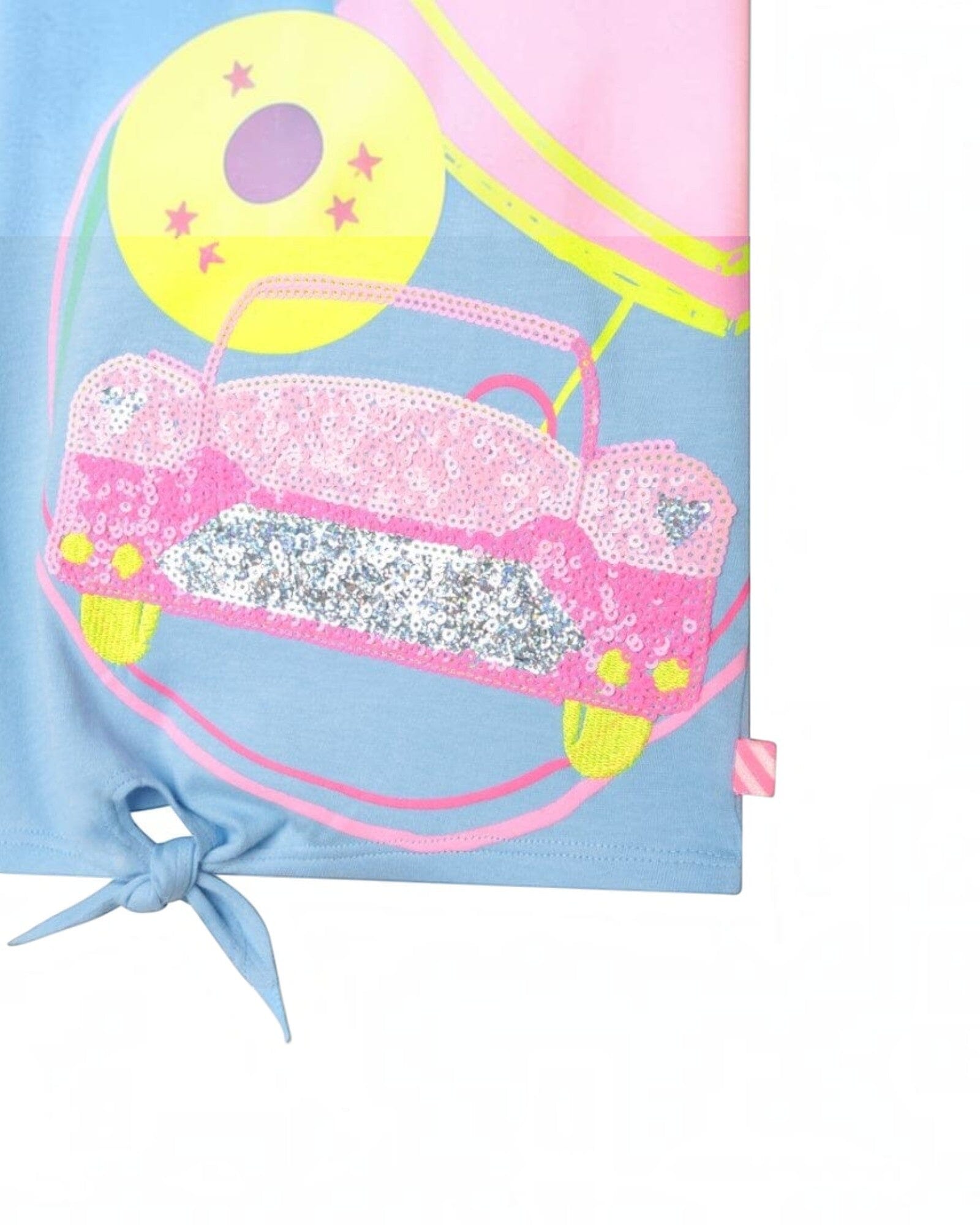 Billieblush Shirt hellblau Strandmotiv Palme Auto Sonnenschirm Pailletten Schleife bunt T-Shirt Billieblush 