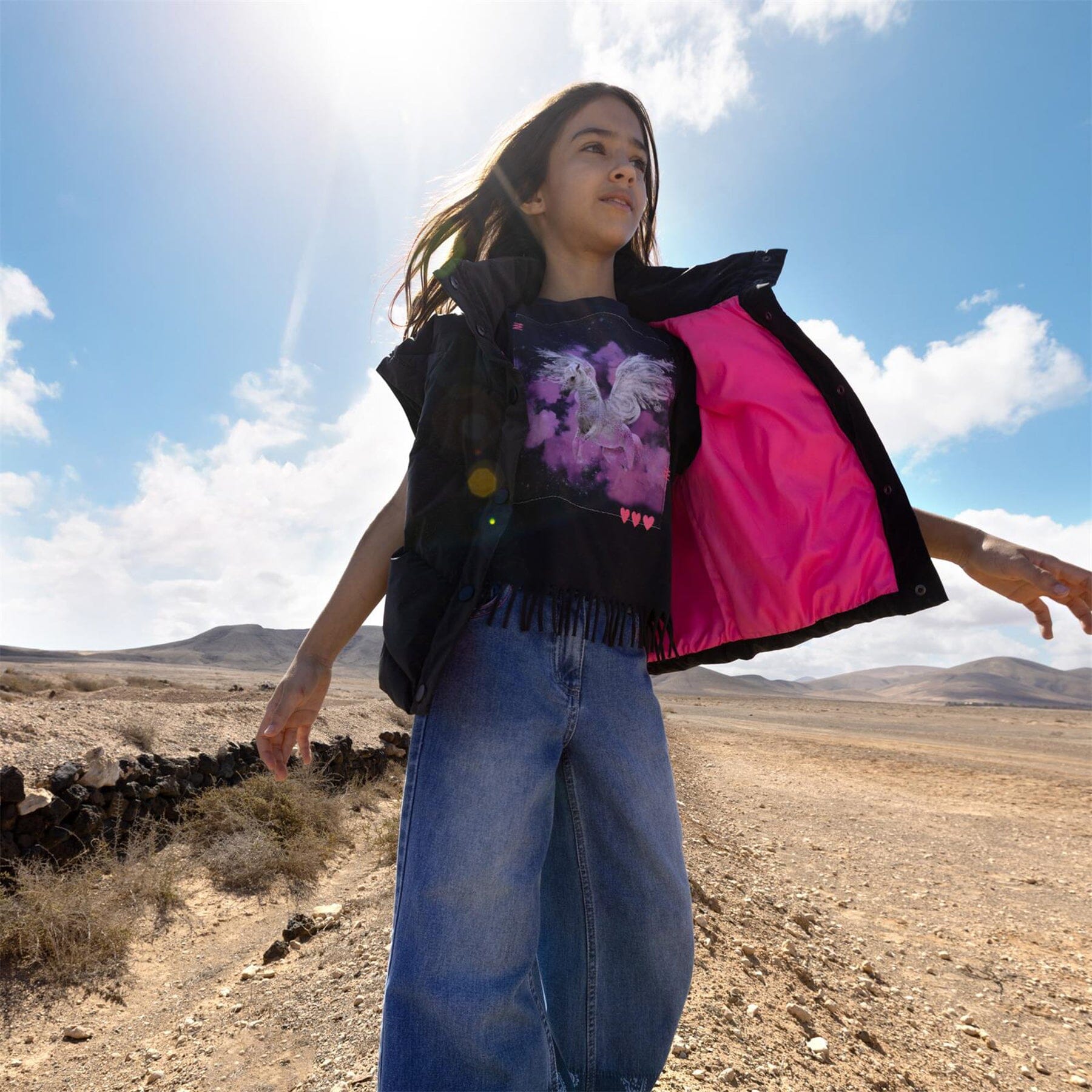 BILLIEBLUSH – T-Shirt mit Pegasus-Print & Fransen, dunkelgrau T-Shirt Billieblush 