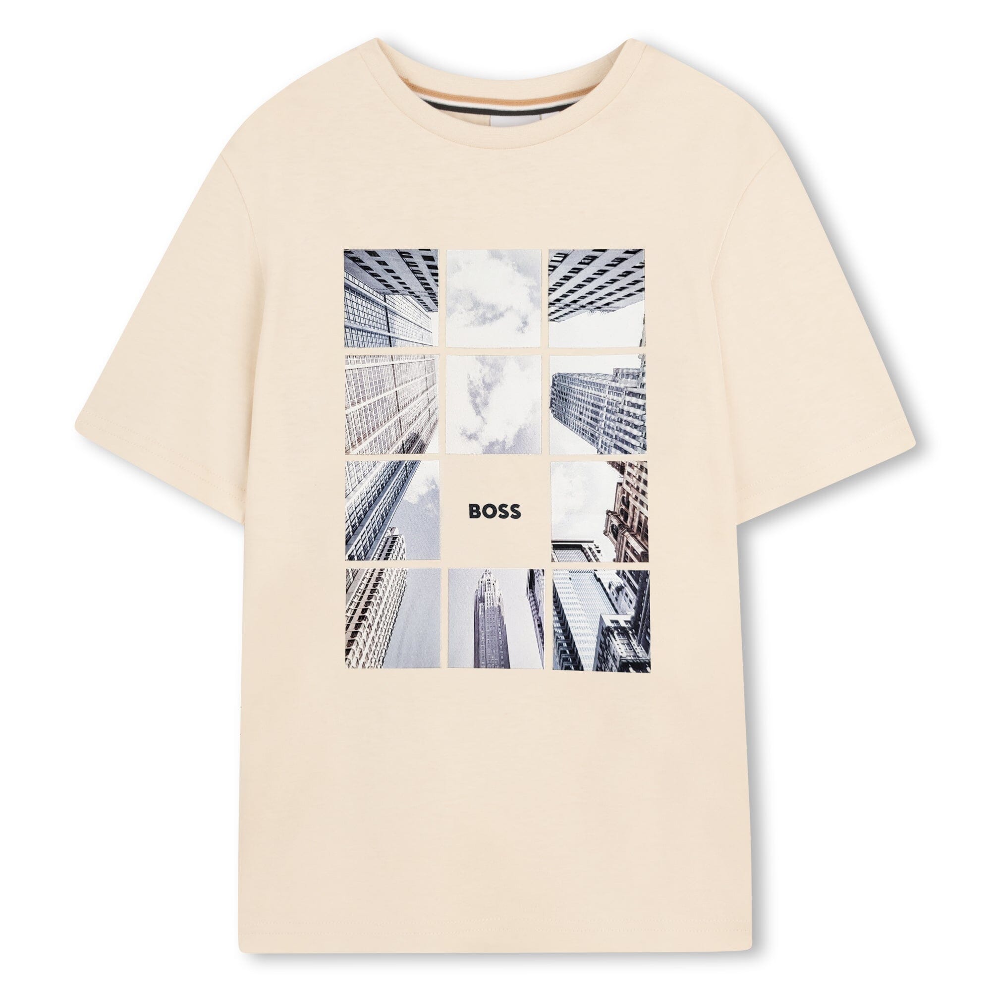BOSS Kids – Kurzärmeliges T-Shirt „Hell Beige“ (City-Grid Print) T-Shirt Boss Kidswear 8 Jahre / 122-128 