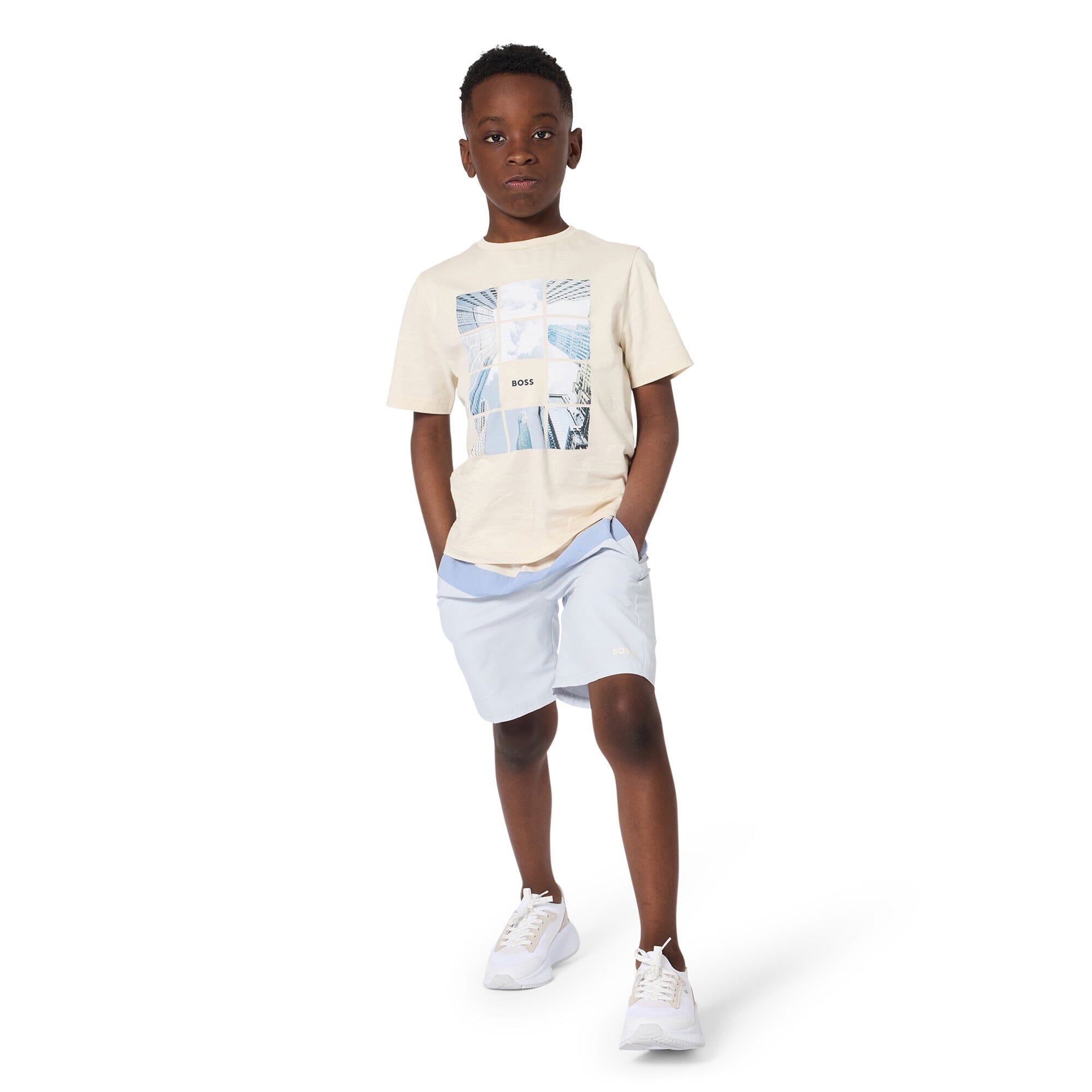 BOSS Kids – Kurzärmeliges T-Shirt „Hell Beige“ (City-Grid Print) T-Shirt Boss Kidswear 