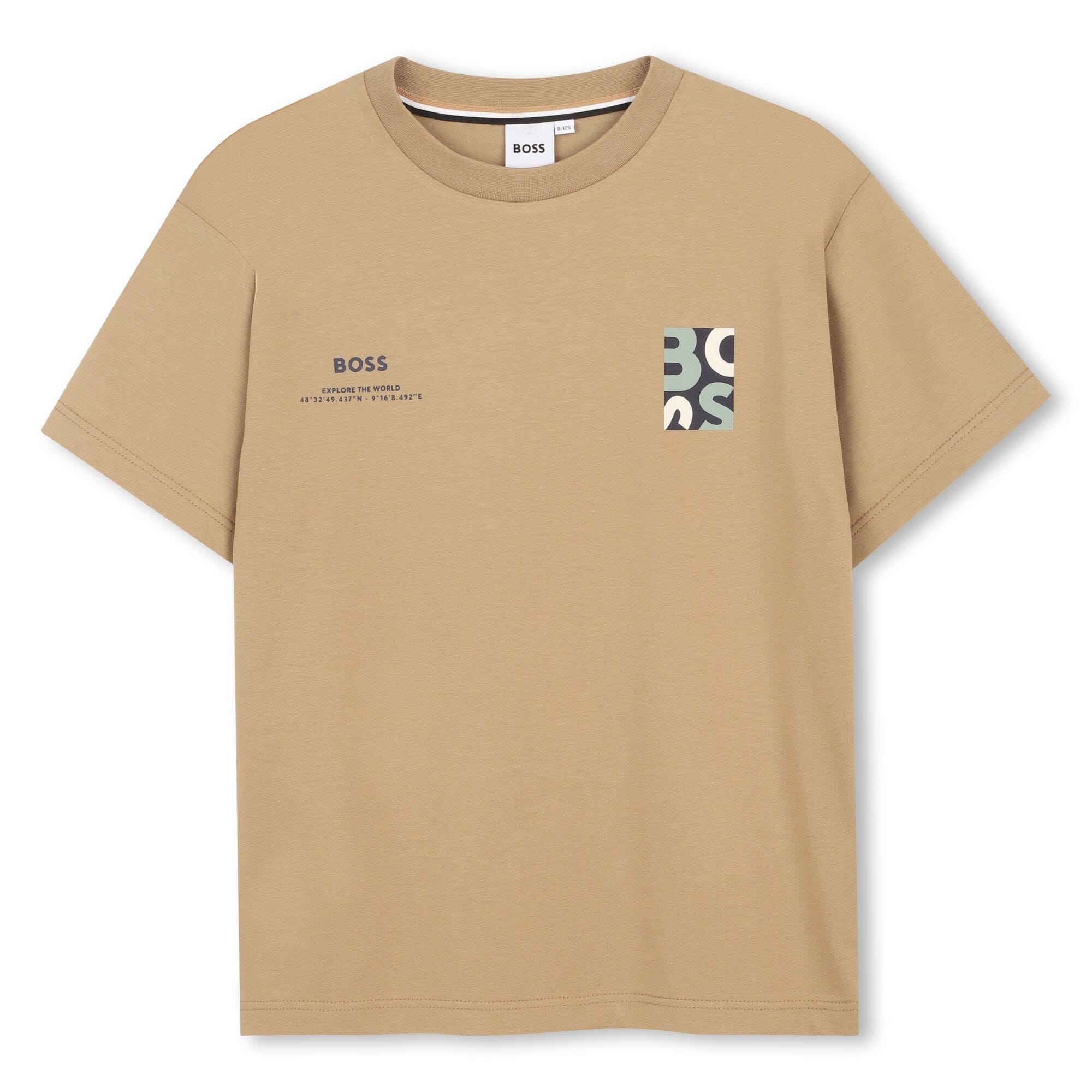 BOSS Kidswear Kurzärmeliges T-Shirt „Dunkel Beige“ mit GPS-Print & Logo-Patch T-Shirt Boss Kidswear 8 Jahre / 122-128 