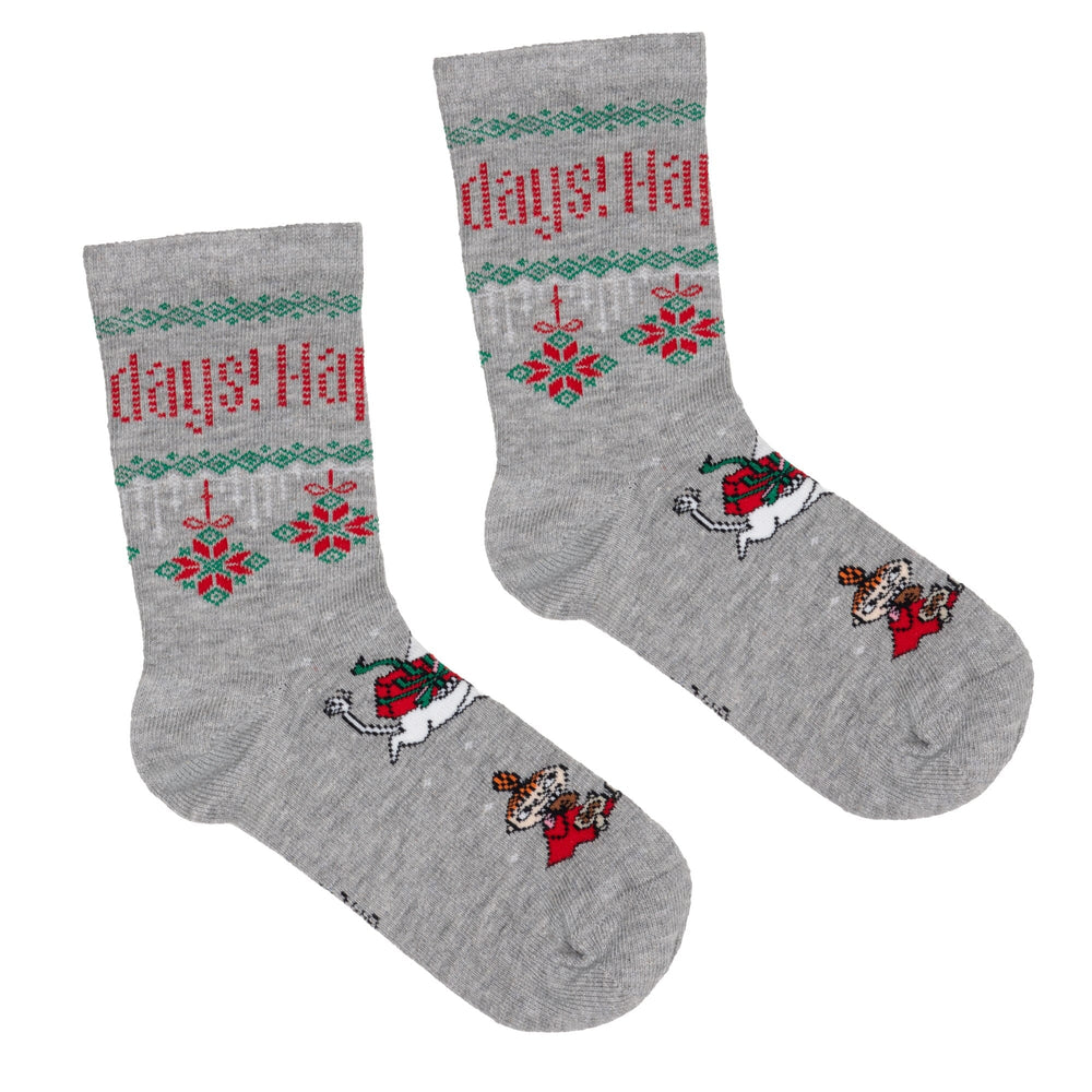 Martinex Weihnachtssocken Happy Holidays grau mit weihnachtlichem Print in rot grün und weiß Socken Moomin by Martinex 