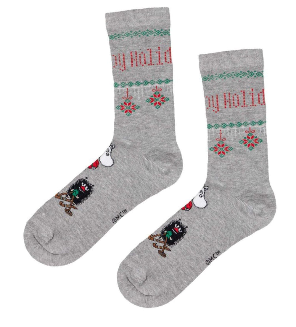 Martinex Weihnachtssocken Happy Holidays grau mit weihnachtlichem Print in rot grün und weiß Socken Moomin by Martinex 