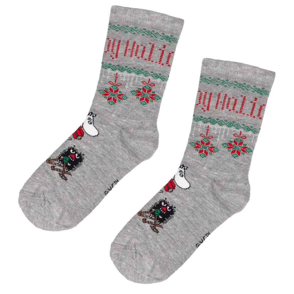 Martinex Weihnachtssocken Happy Holidays grau mit weihnachtlichem Print in rot grün und weiß Socken Moomin by Martinex 