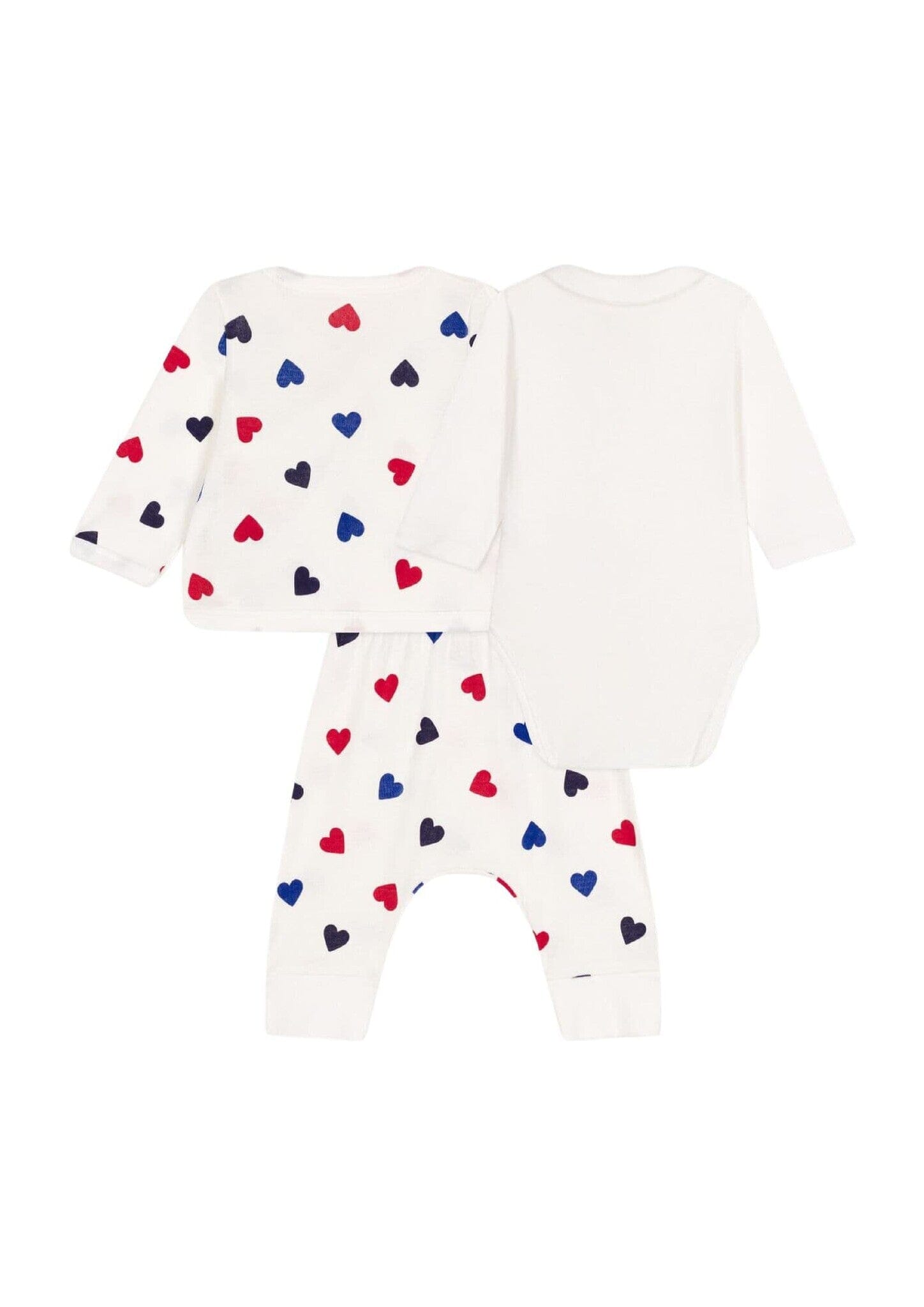 Petit Bateau Kombination 3 Teile mit roten, blauen und schwarzen Herzen Cardigan, Hose und Body Baby Kombination Petit Bateau 