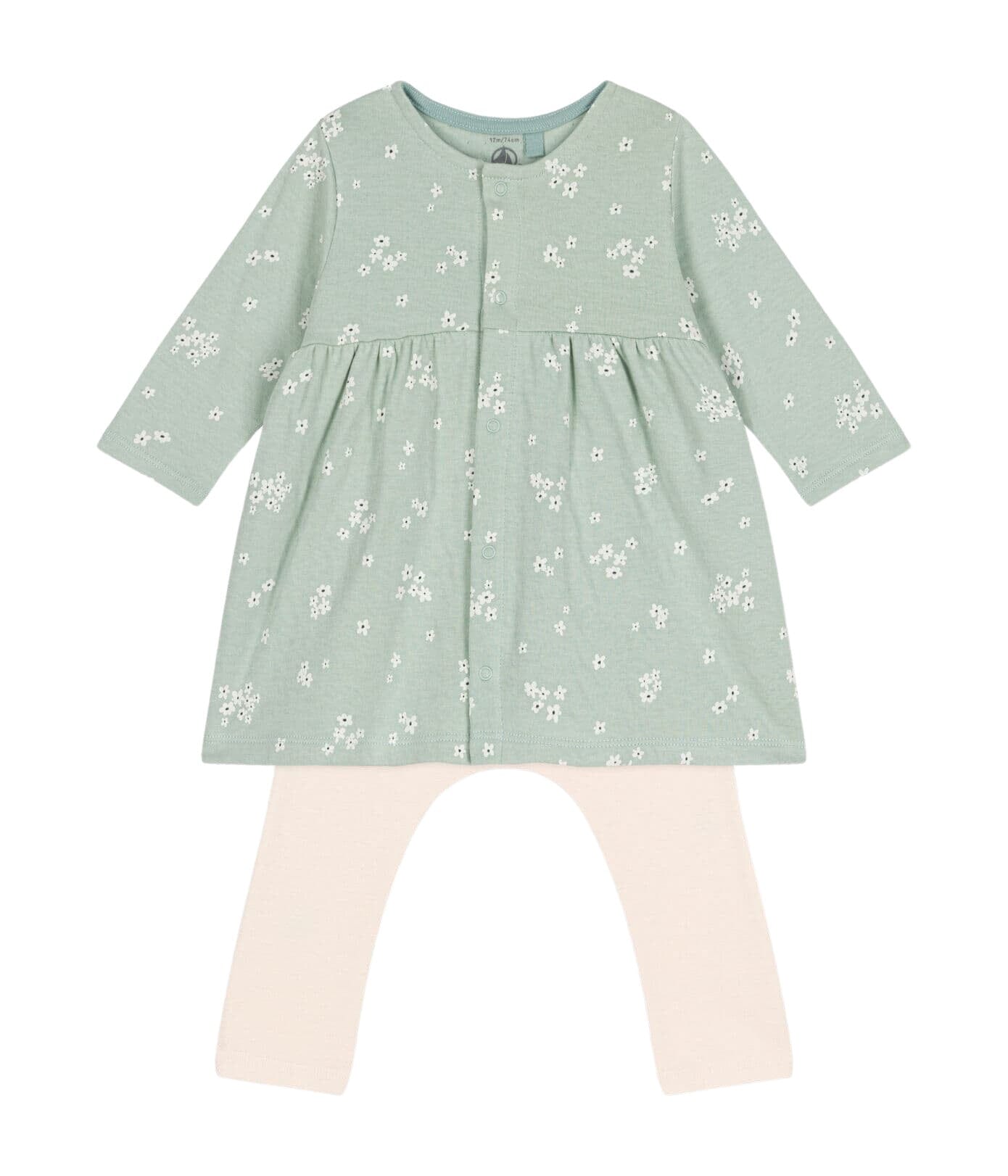 Petit Bateau langärmeliges Baby Kleid in sanftem grün mit Blumenprint und Leggings in türkis/ rosa/creme Baby Kombination Petit Bateau 