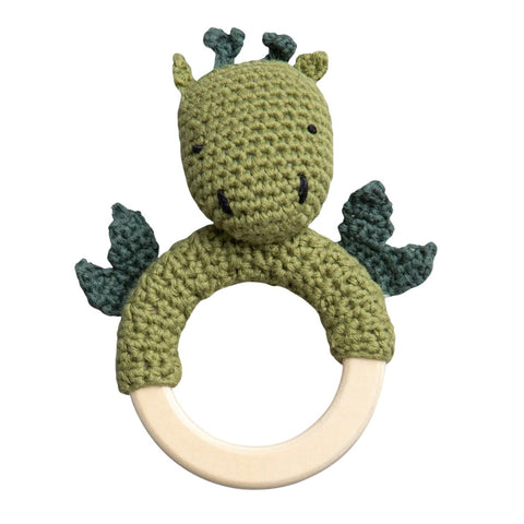 SEBRA Drache Häkelrassel auf Holzring Babyrasseln SEBRA 